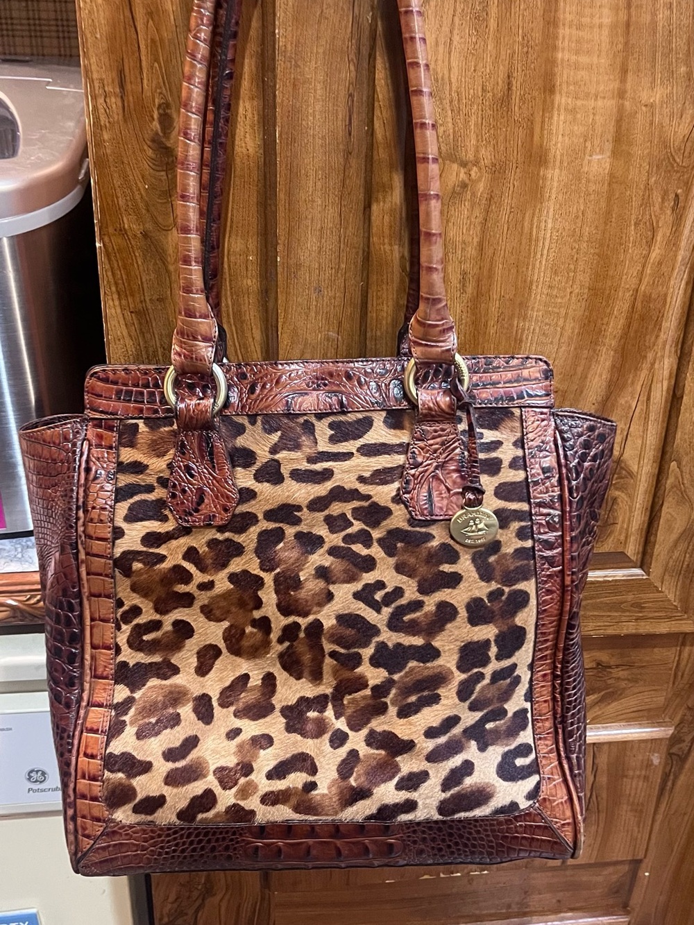 Brahmin Brown & Tan Leopard Haircalf Tote with Leather Trim